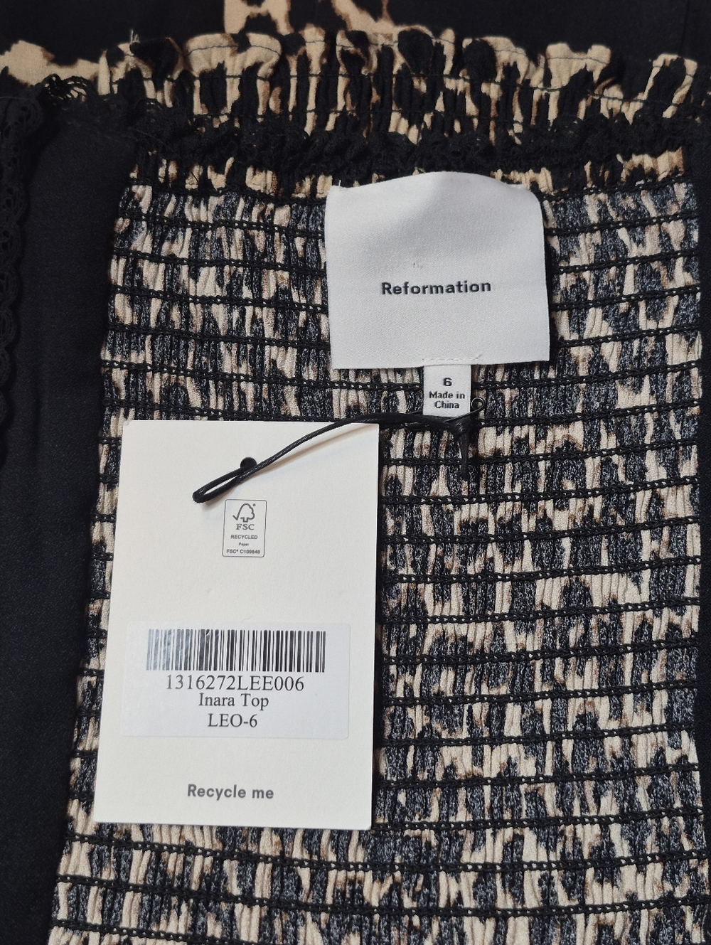 Reformation Inara Leopard Print Top NWT Silk Blend Ribbon Tie Smocked Back Chic - Picture 11 of 13
